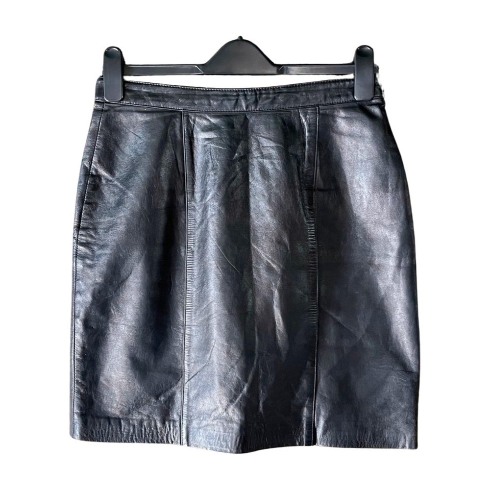 80s Black Genuine Leather Mini Skirt Size Medium